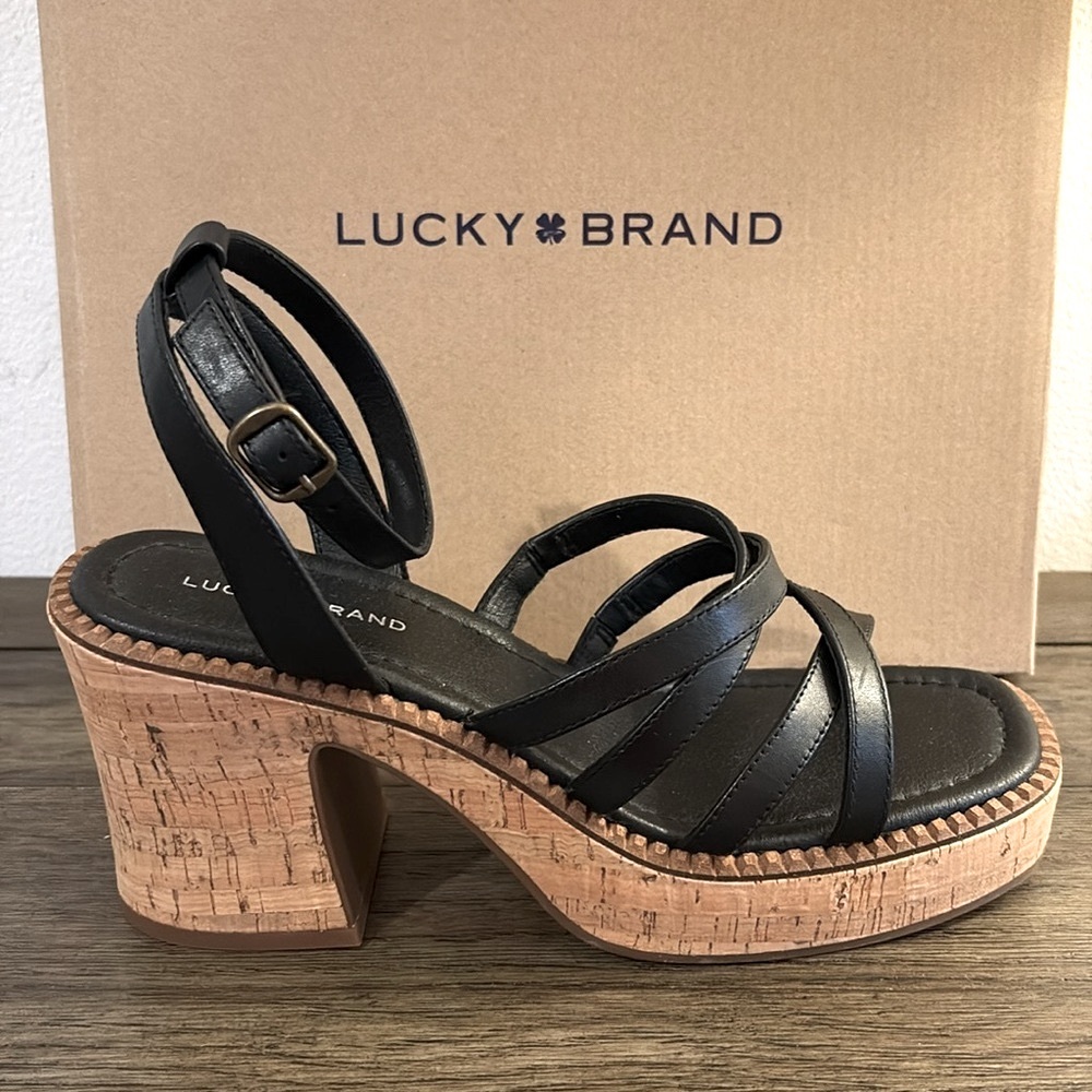 ❌SOLD❌ NIB [Lucky] Taiza Black Strappy Leather Heel Platform Sandals Women’s 8.5 - Picture 6 of 16